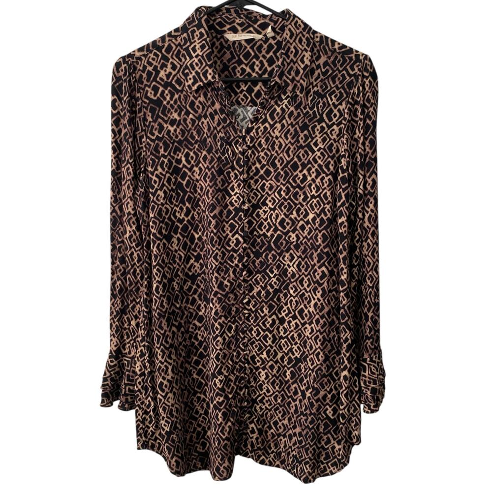 SOFT SURROUNDINGS Aztec Brown Paloma Poet Shirt Size Small Loop & Button Closure